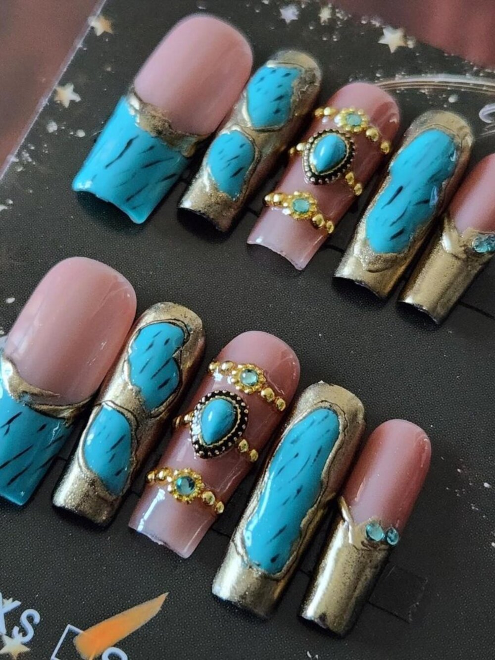 Turquoise & Gold embellished french tip, long bangle nails. Size S.